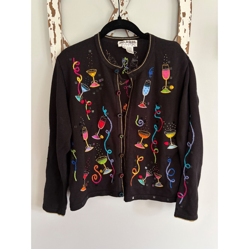 Vtg Jack B. Quick black cardigan embroidered sequin-embellished cocktail glasses